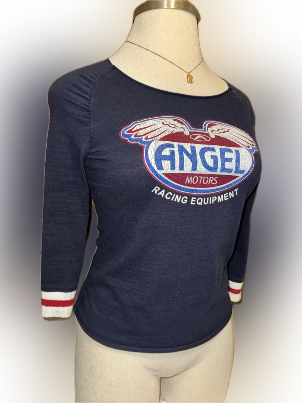 Vintage style Angel Motors race equipment Navy raglan‎ Graphic Tee size Large